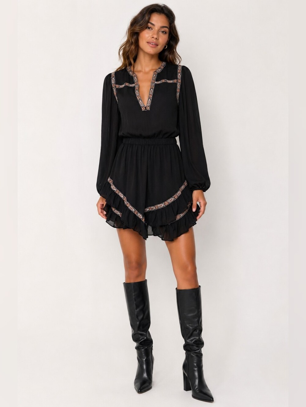 Abercrombie & Fitch Black Long-Sleeve Easy Waist Ruffle Mini Dress Medium Tall